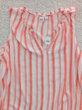 GAP White and Coral Striped Sleeveless V-Neck Top